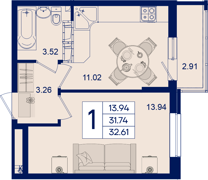 Планировка 1-комнатная 32,61 м²