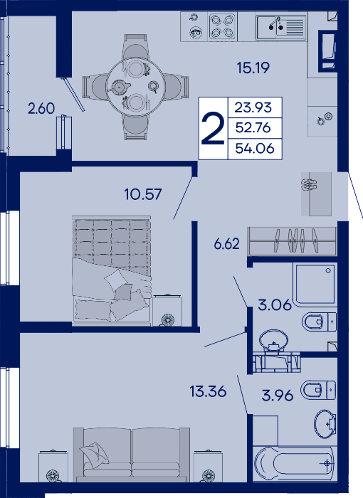 Планировка: 2-комн. квартира 54,1 м²