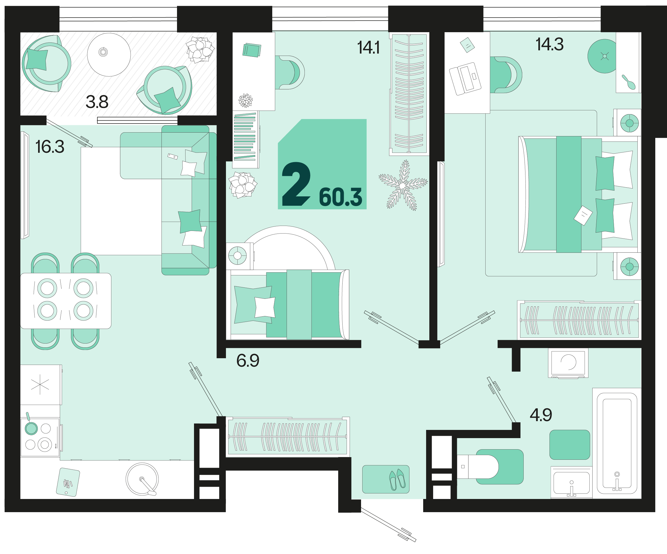 Планировка 2-комнатная 60,3 м²