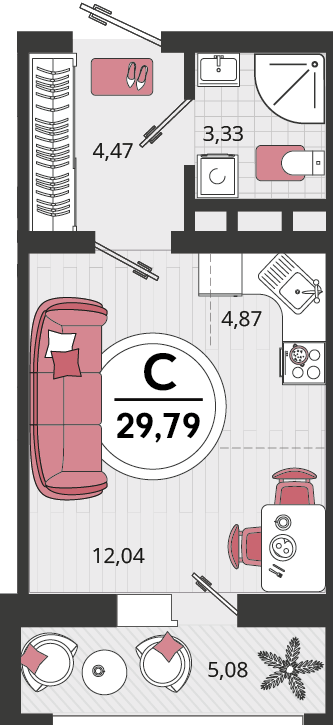 Планировка 1-комнатная 29,79 м²