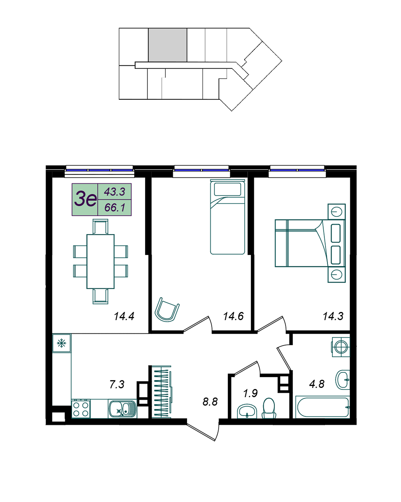 Планировка: 3-комн. квартира 66,1 м²