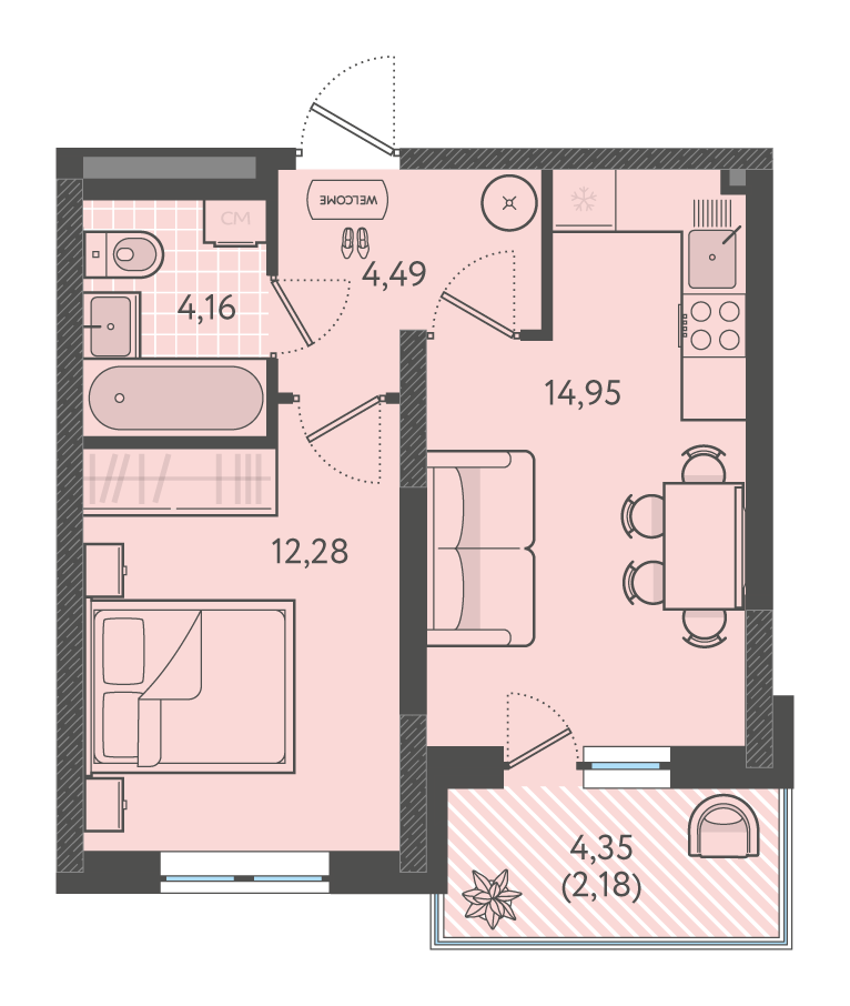 Планировка: 1-комн. квартира 36,2 м²
