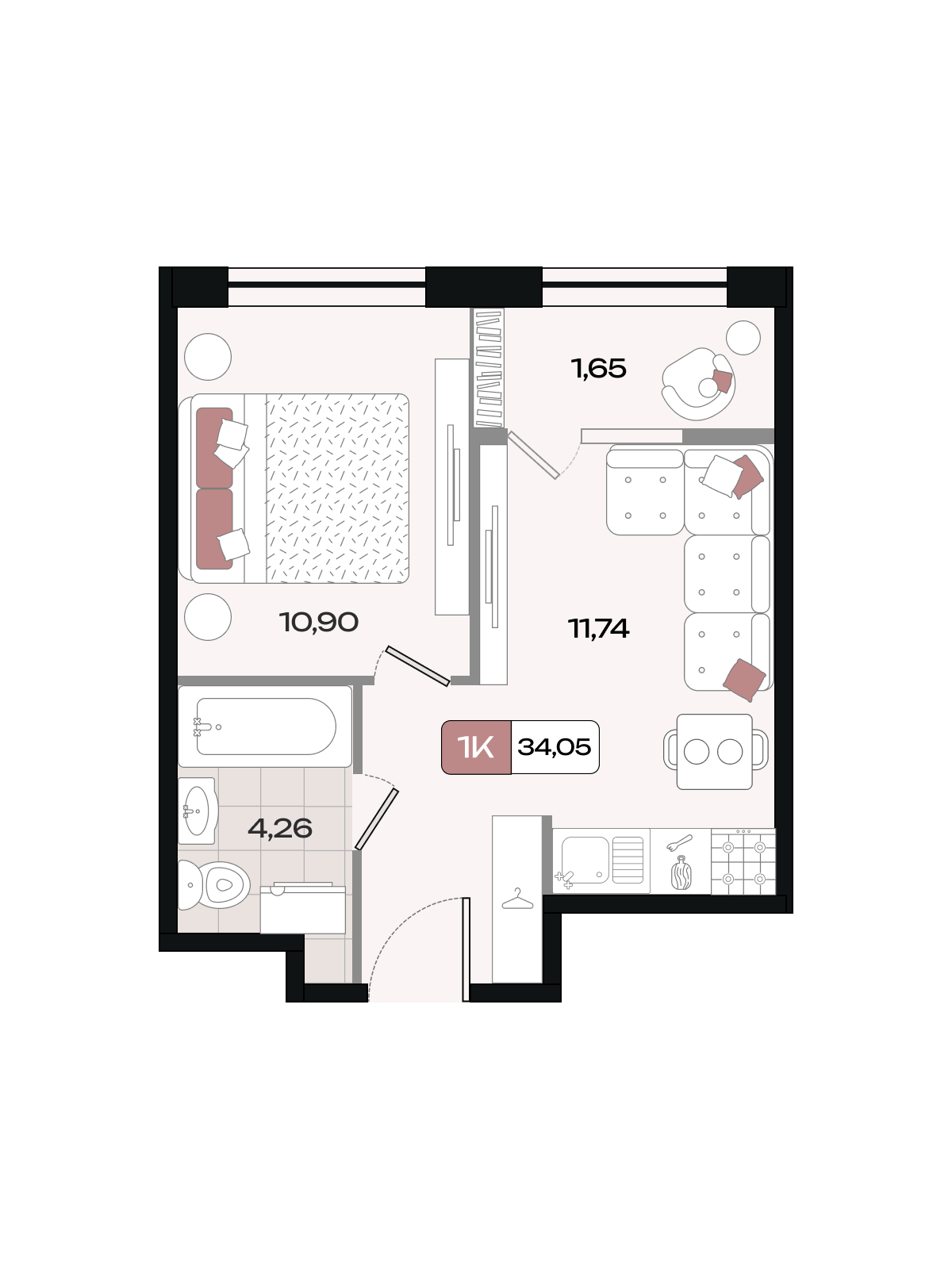 Планировка 1-комнатная 34,05 м²