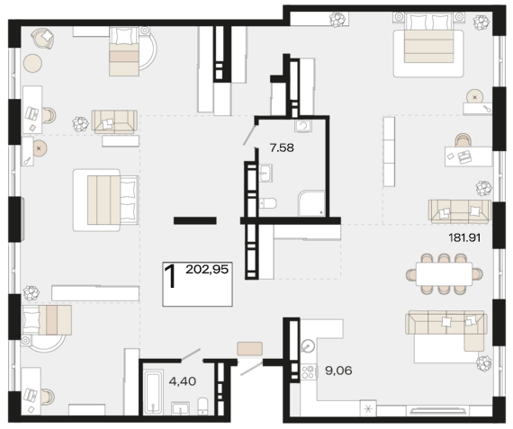 Планировка 1-комнатная 202,95 м²