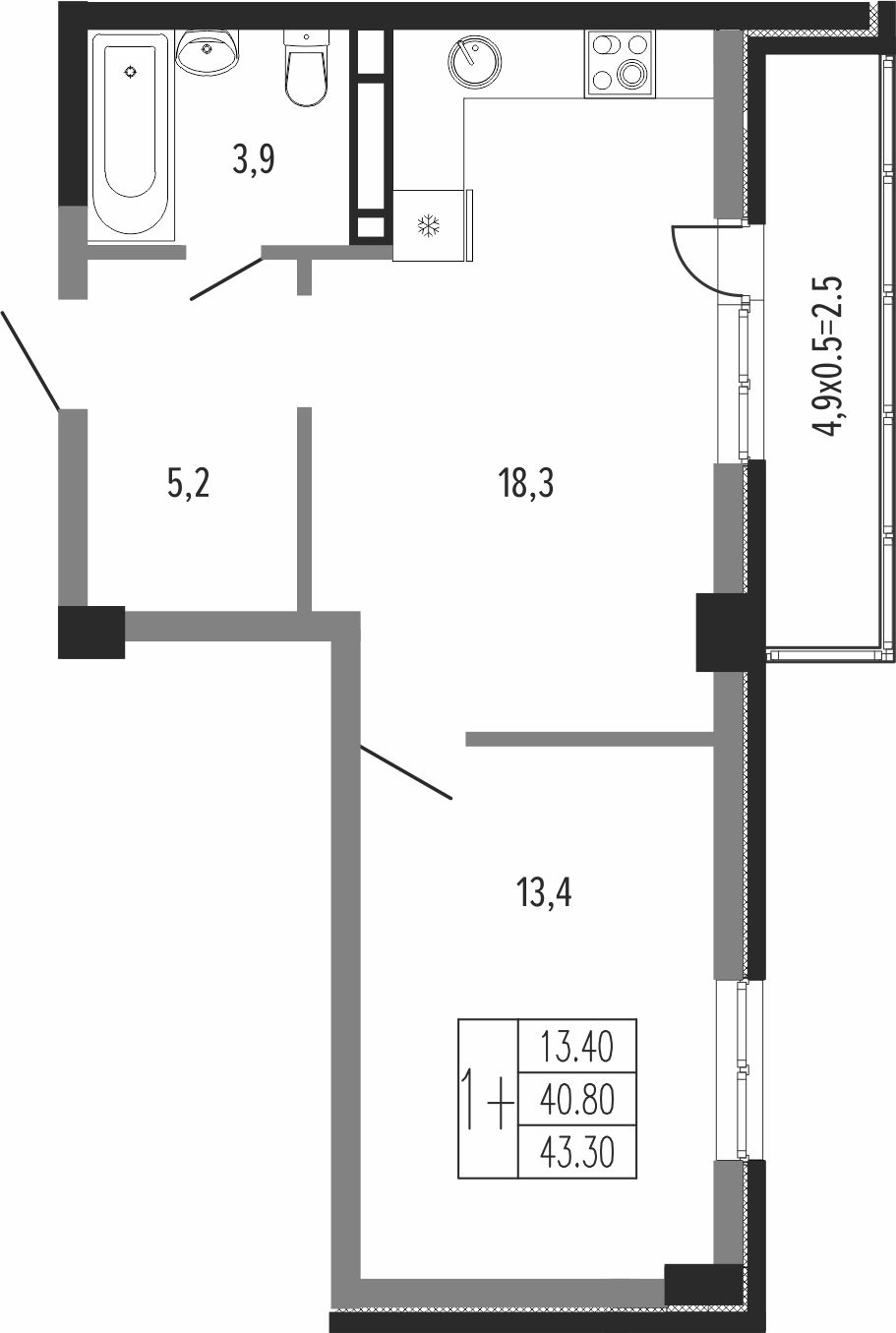 Планировка 1-комнатная 44,65 м²