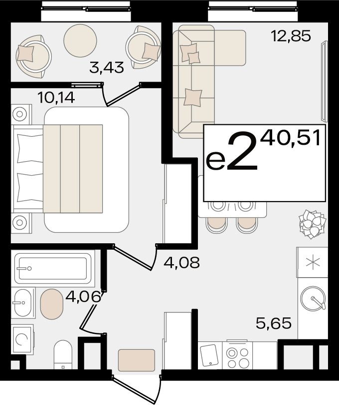 Планировка 2-комнатная 40,8 м²