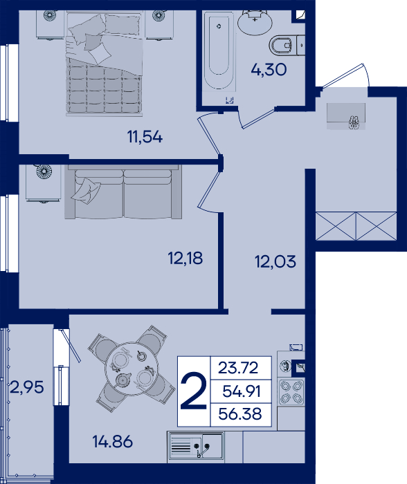 Планировка 2-комнатная 56,38 м²