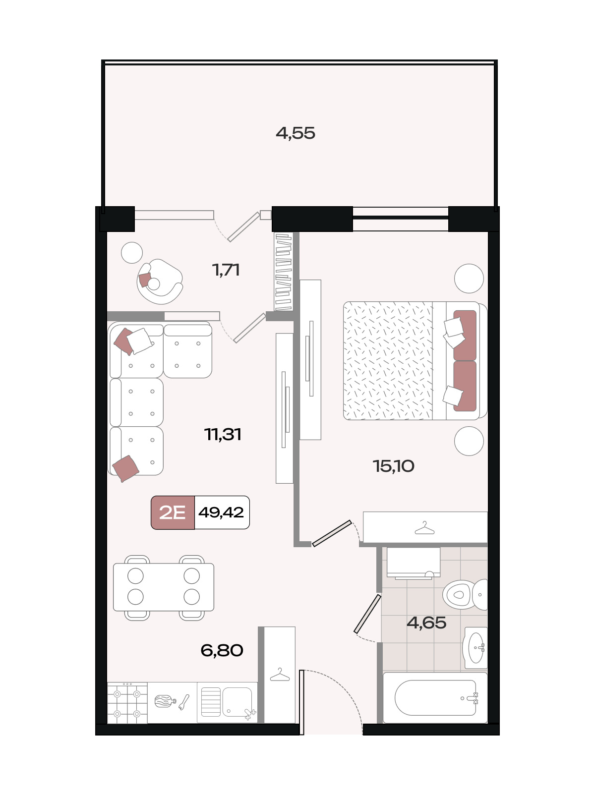Планировка 2-комнатная 49,42 м²