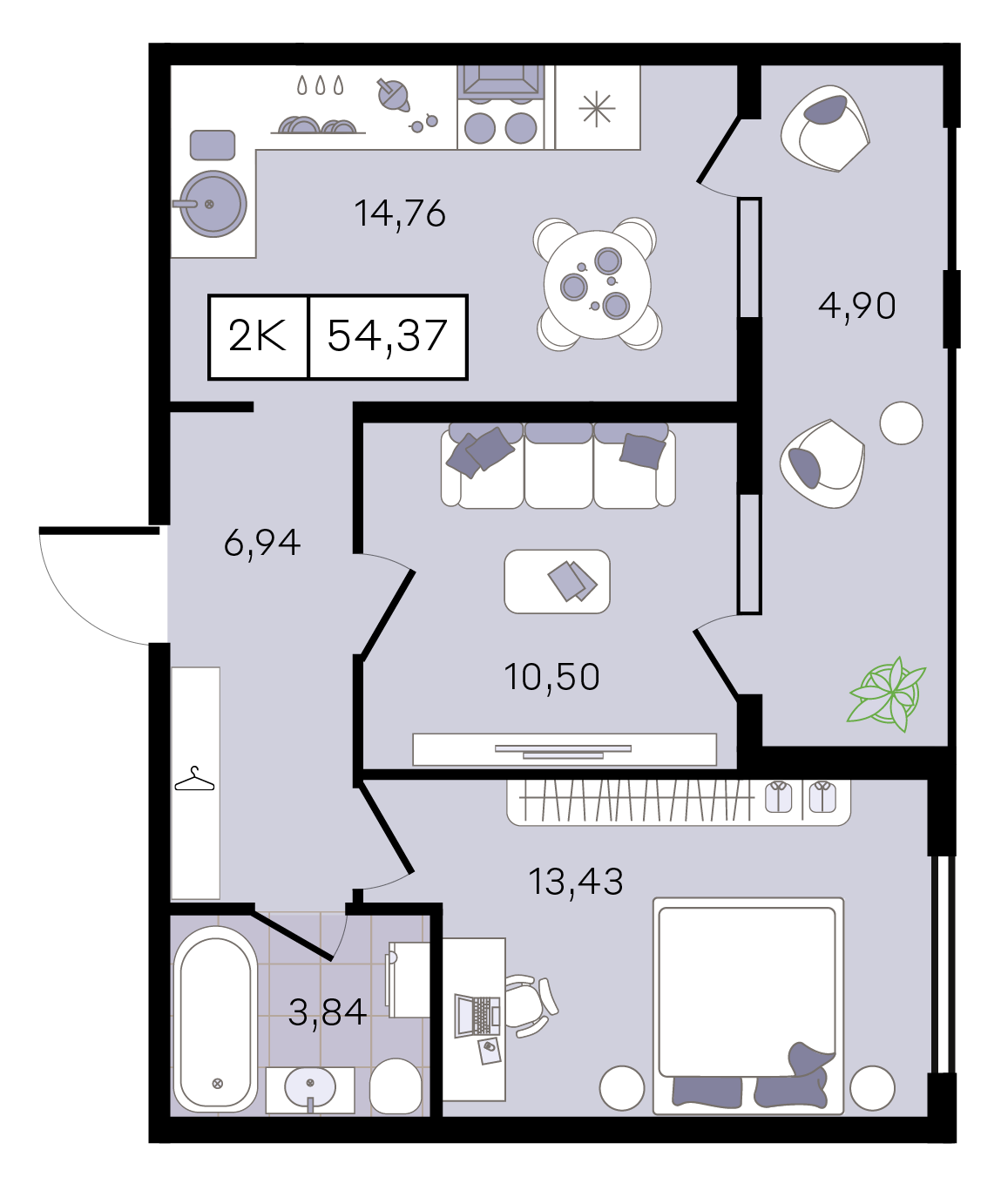 Планировка 2-комнатная 54,37 м²