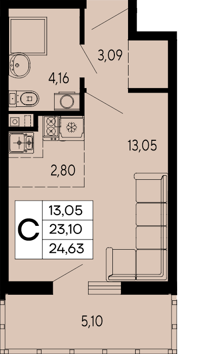 Планировка: Студия 24,6 м²