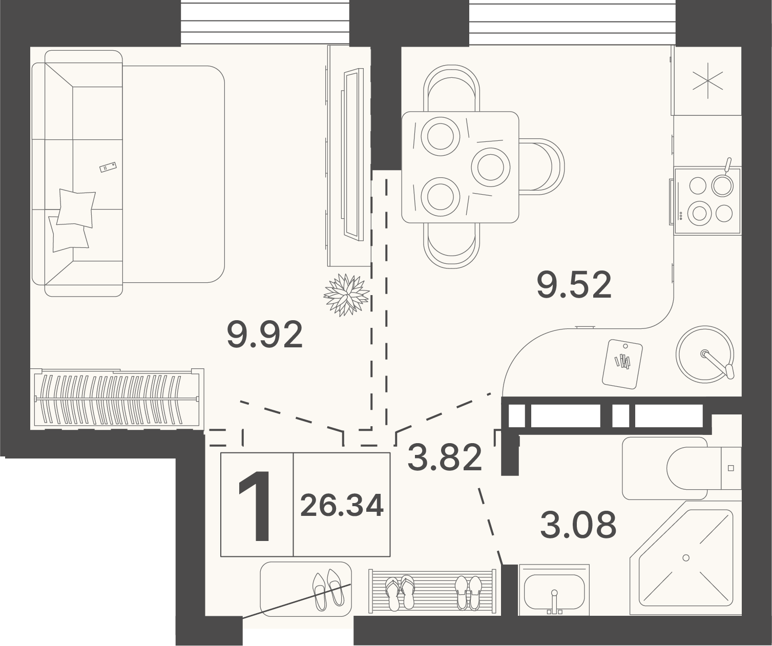 Планировка 1-комнатная 26,34 м²