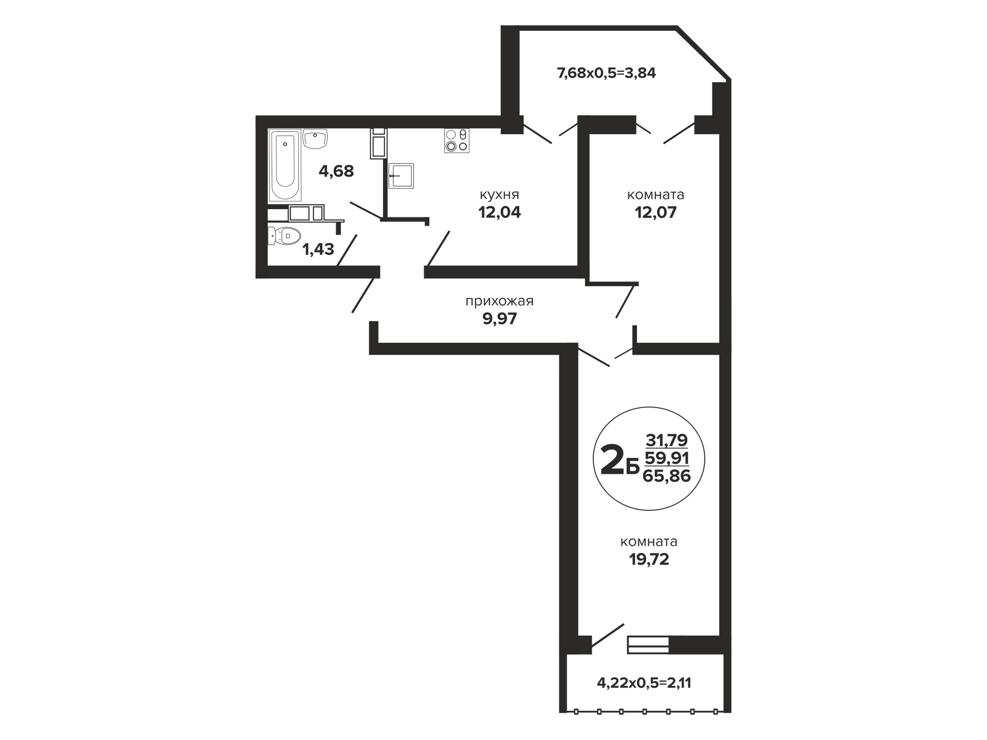 Планировка 2-комнатная 66,45 м²