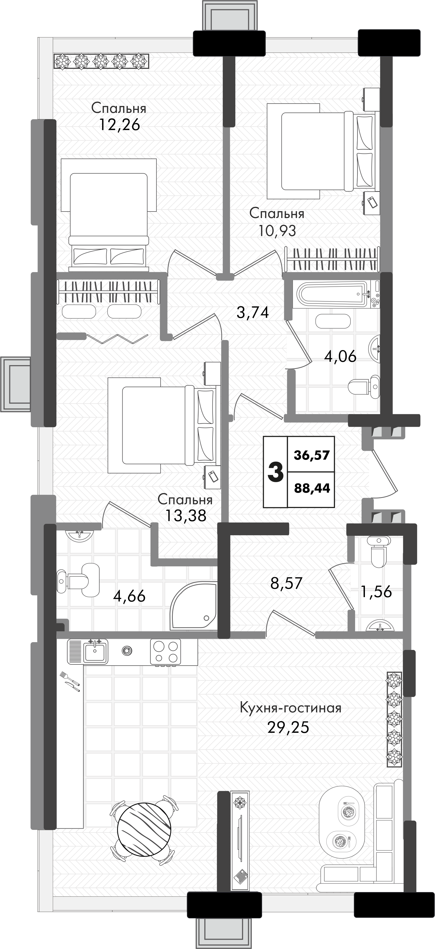 Планировка 3-комнатная 88,44 м²