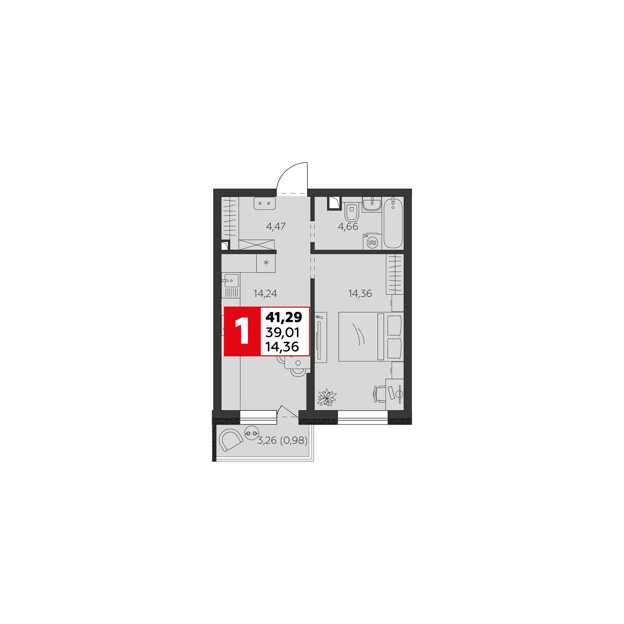 Планировка 2-комнатная 39,01 м²