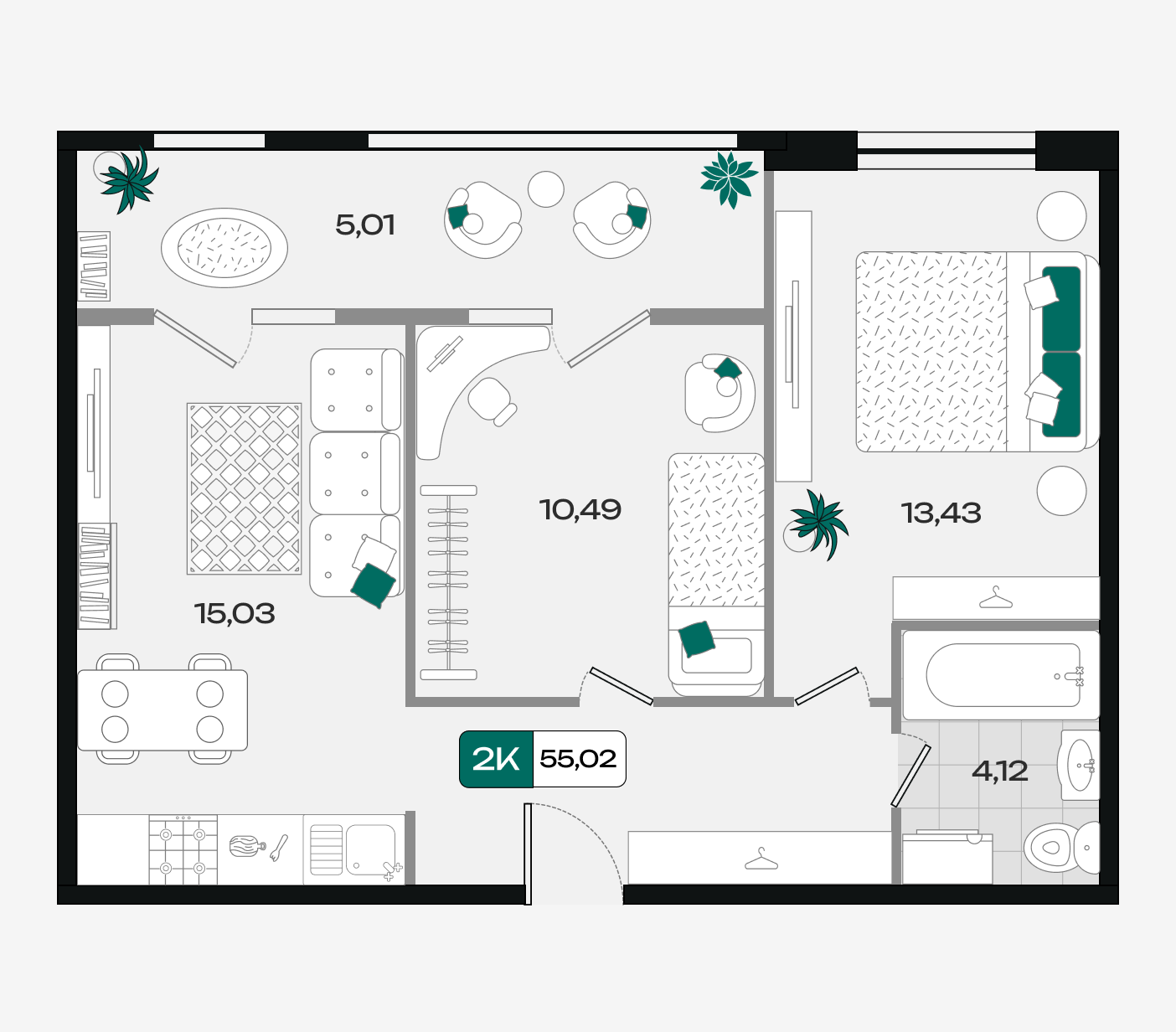 Планировка 2-комнатная 55,02 м²