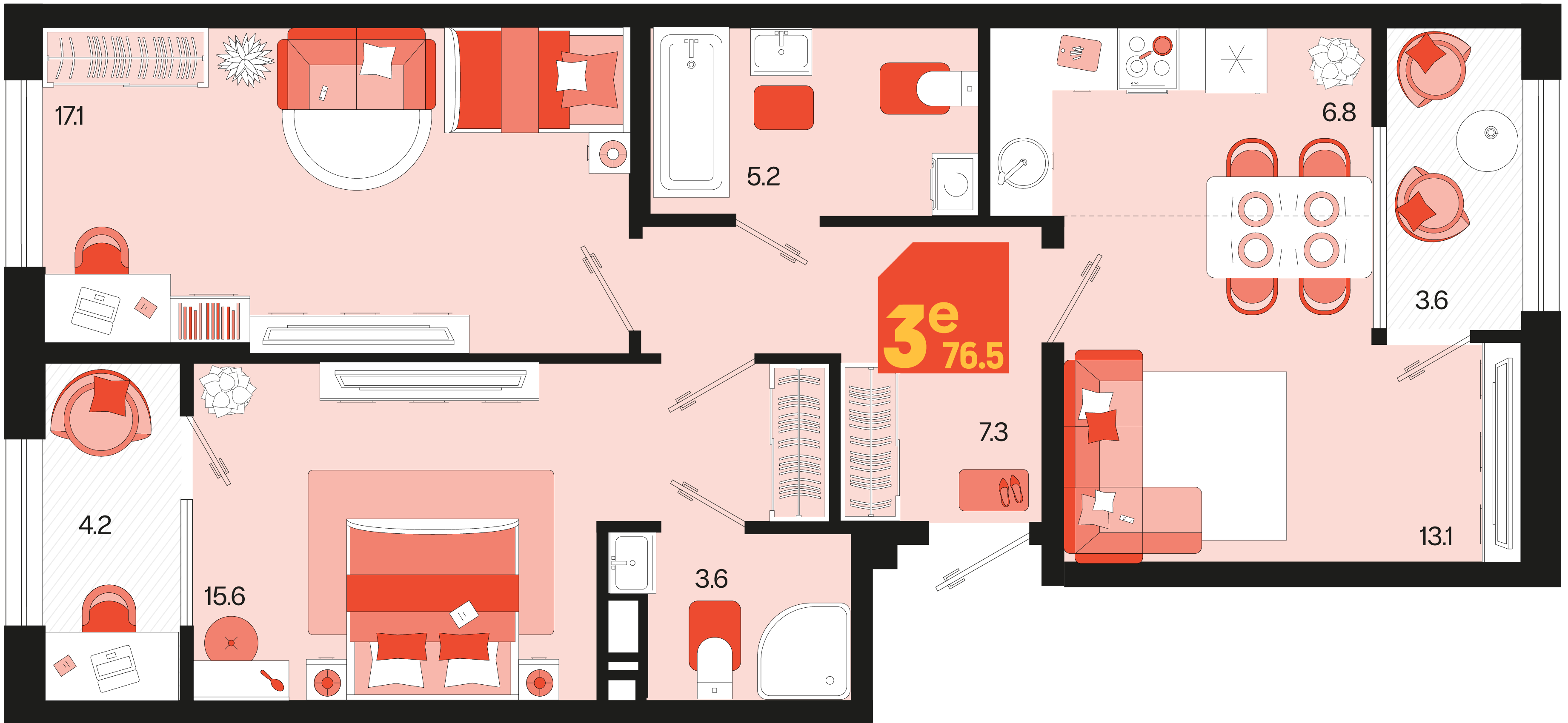 Планировка 3-комнатная 76,4 м²