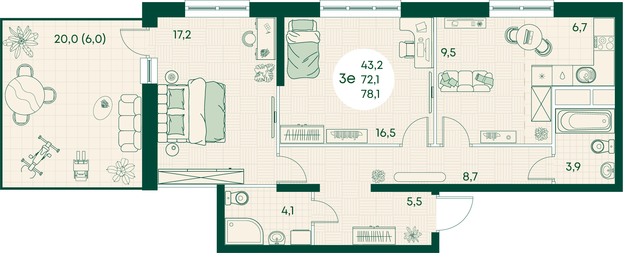 Планировка 3-комнатная 78,1 м²