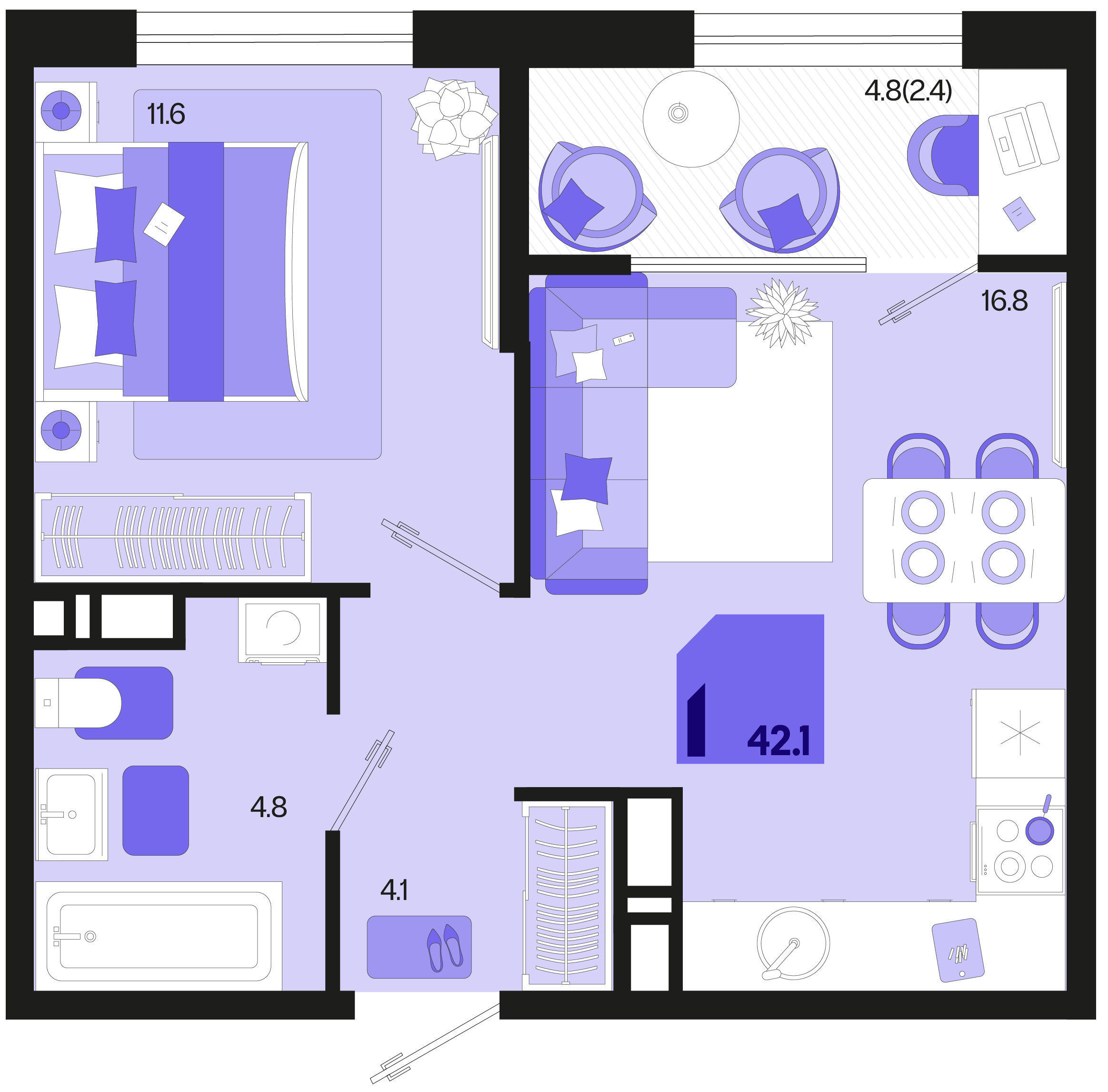 Планировка 1-комнатная 42,1 м²