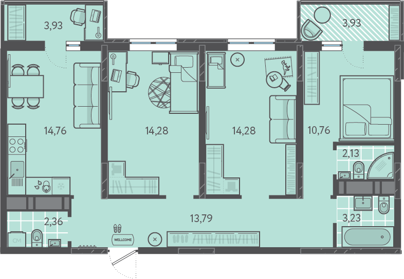 Планировка 3-комнатная 76,76 м²
