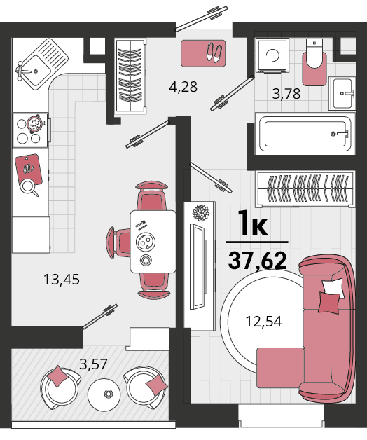 Планировка 1-комнатная 37,62 м²