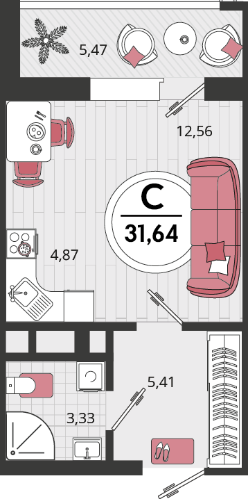 Планировка 1-комнатная 31,64 м²