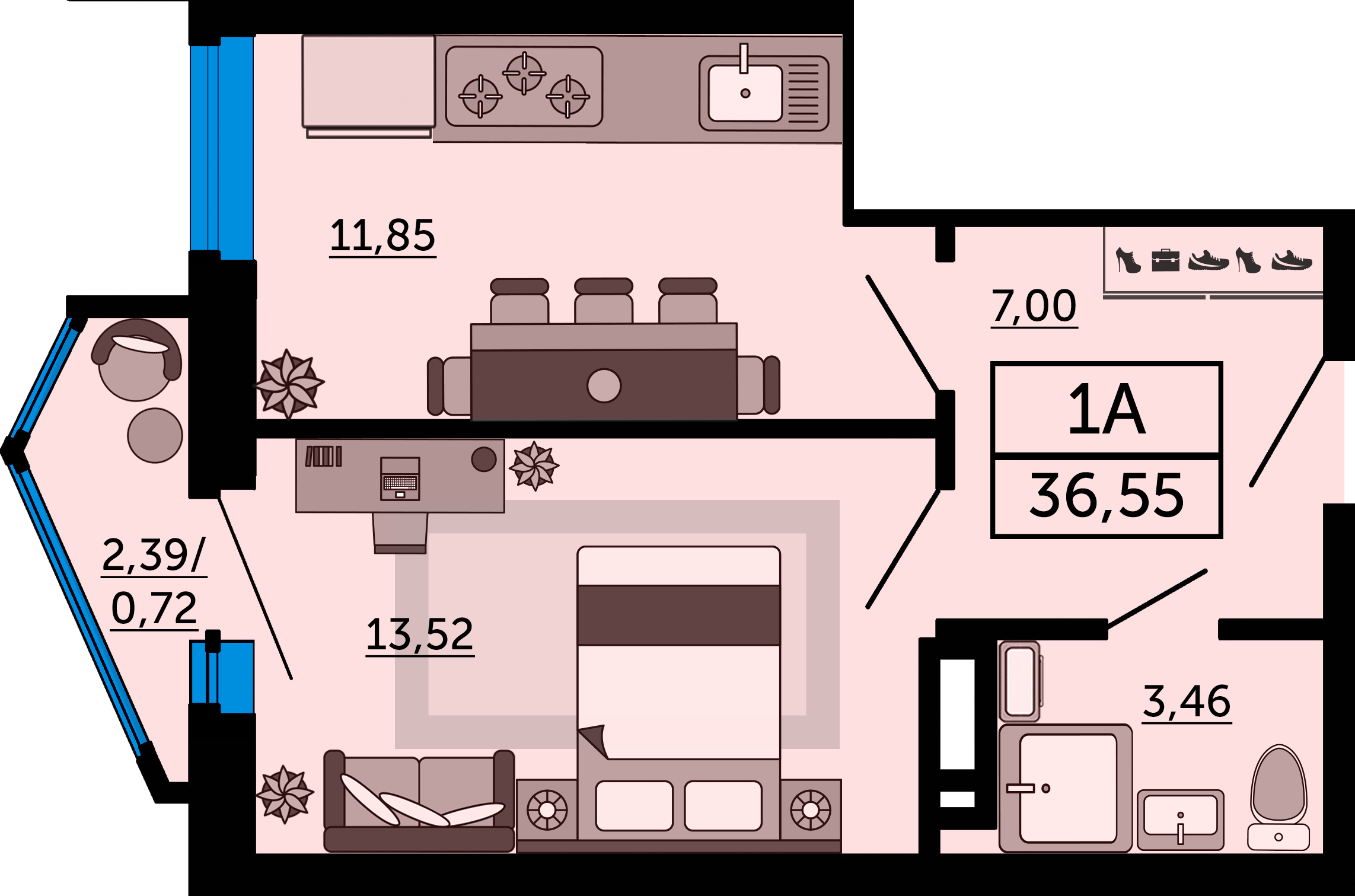 Планировка 1-комнатная 36,55 м²