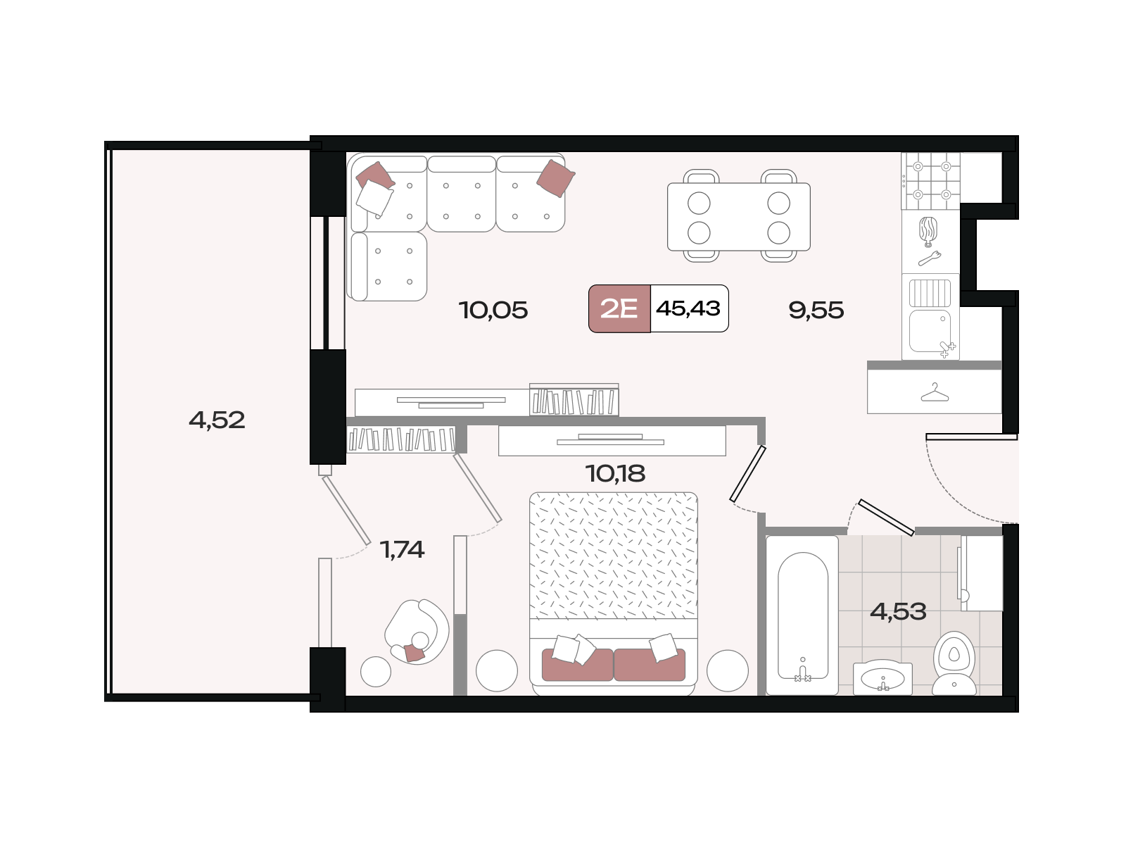 Планировка 2-комнатная 45,43 м²