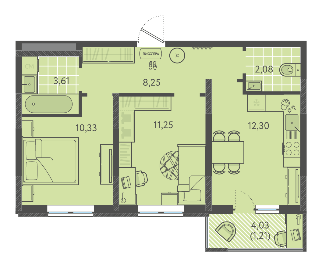 Планировка 2-комнатная 48,6 м²