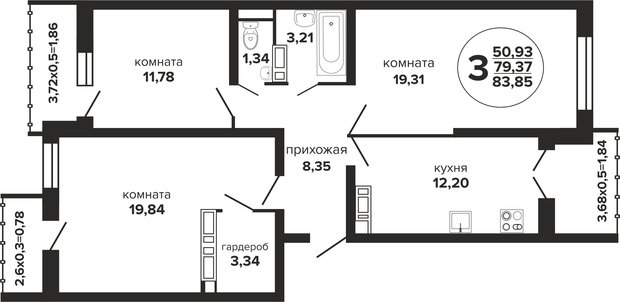 Планировка 3-комнатная 85 м²