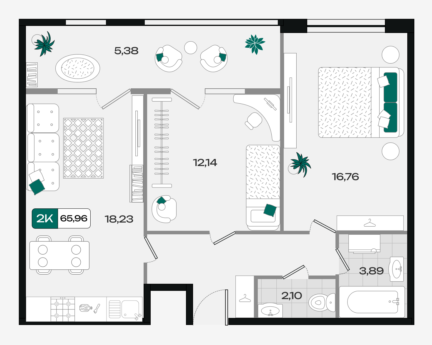 Планировка: 2-комн. квартира 66 м²