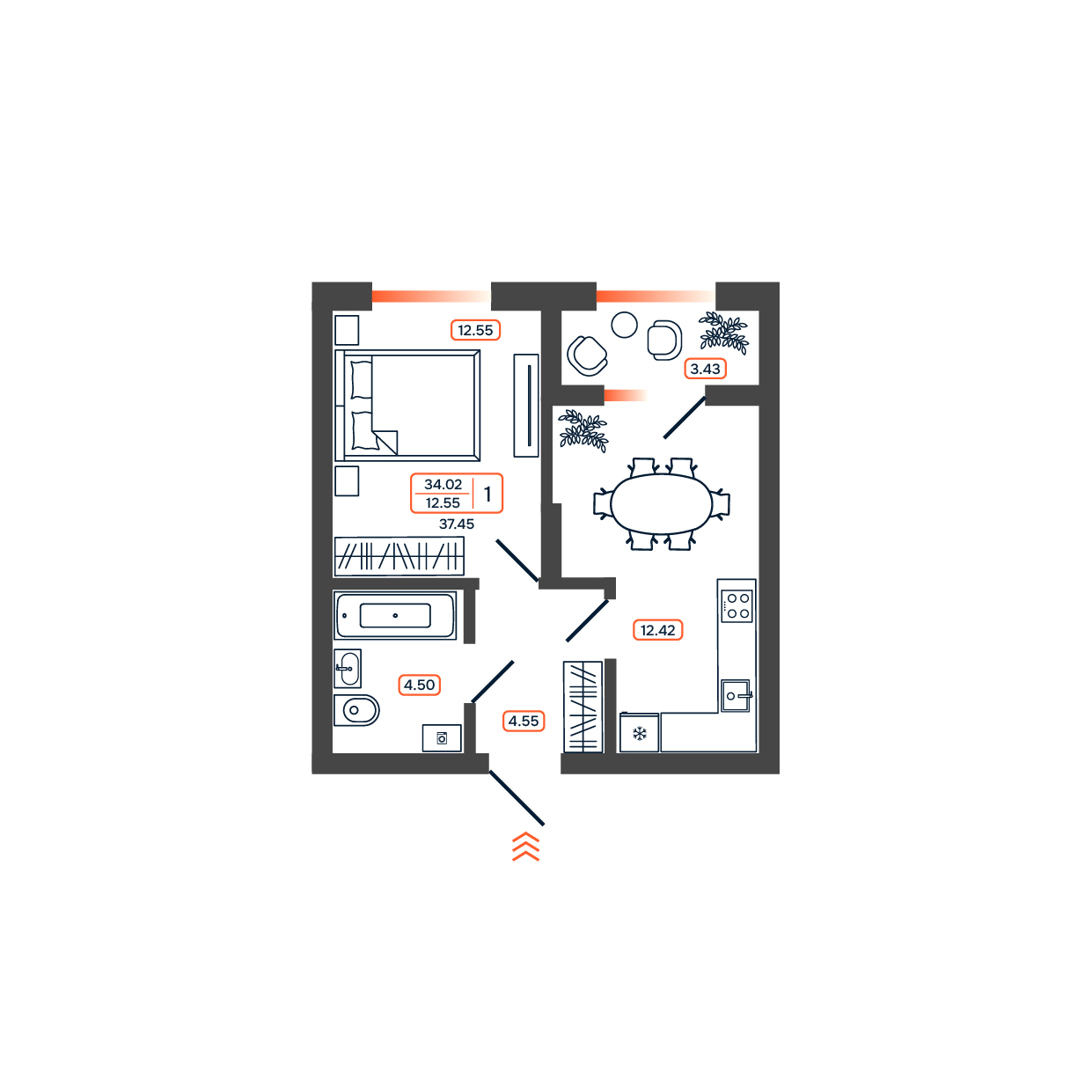 Планировка: 1-комн. квартира 37,5 м²