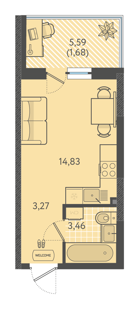 Планировка: Студия 22,8 м²