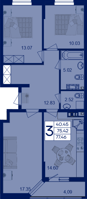 Планировка 3-комнатная 77,46 м²
