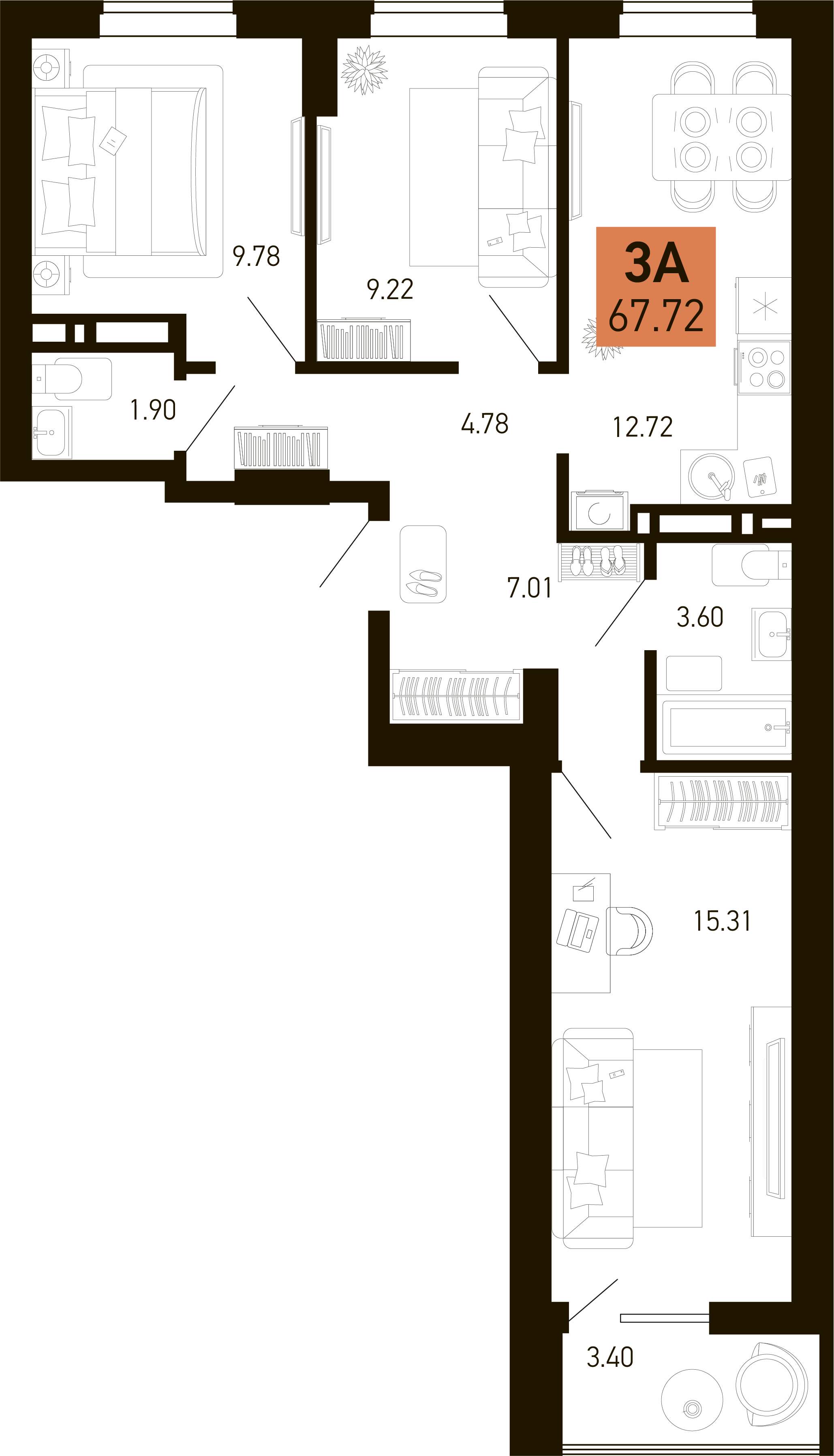 Планировка 3-комнатная 67,72 м²