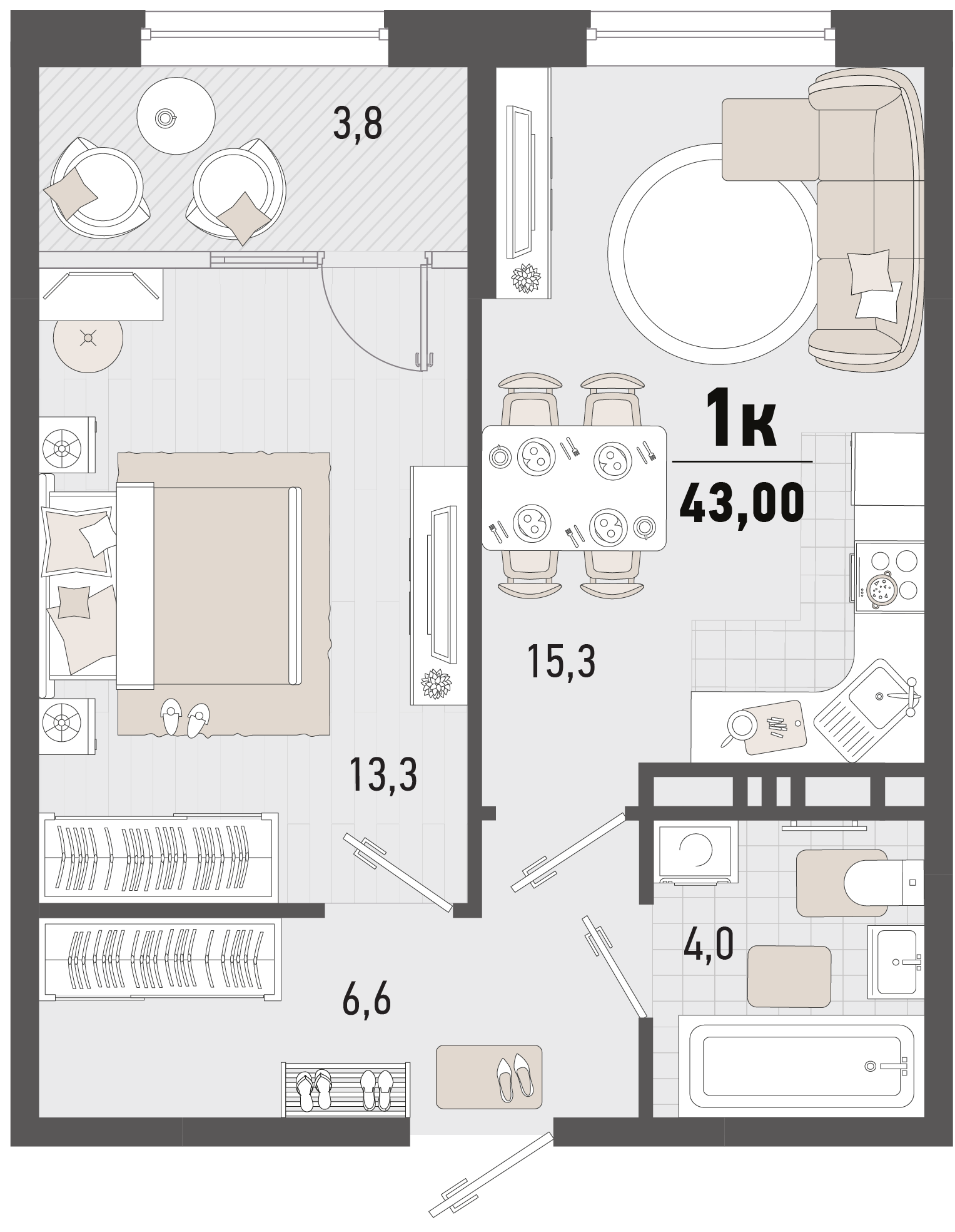 Планировка 1-комнатная 43 м²