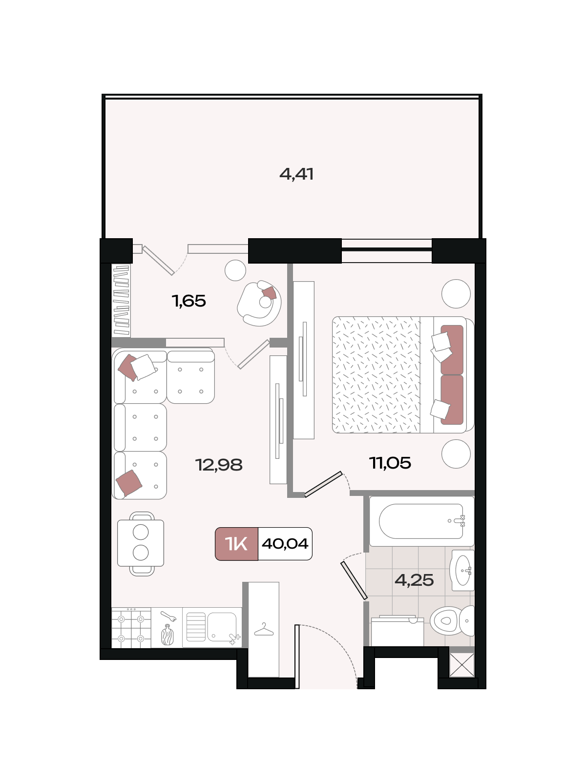 Планировка 1-комнатная 40,04 м²