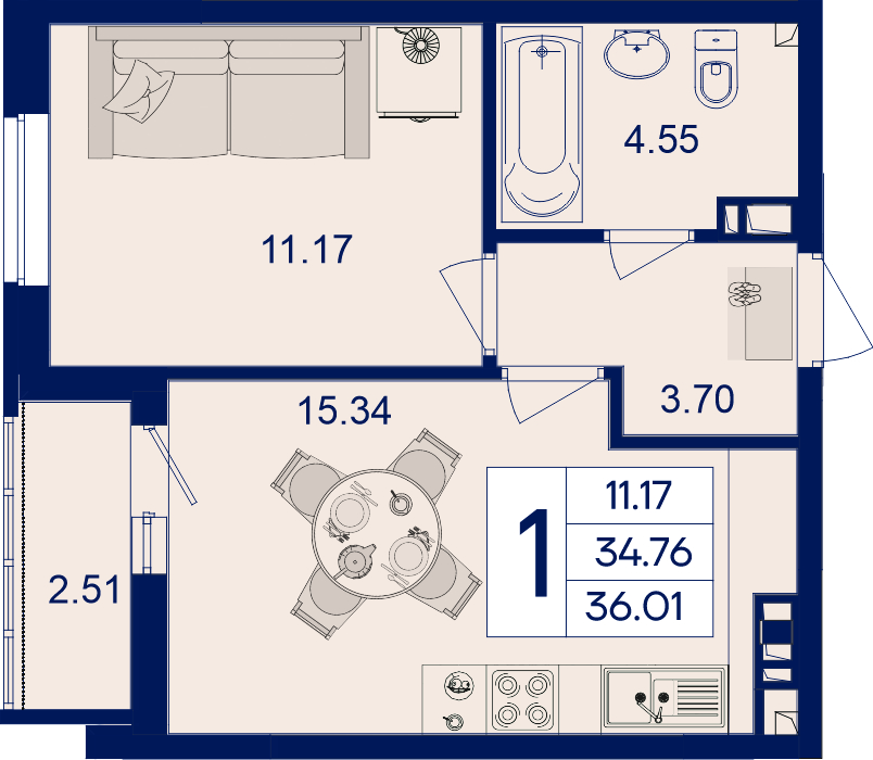 Планировка 1-комнатная 36,01 м²