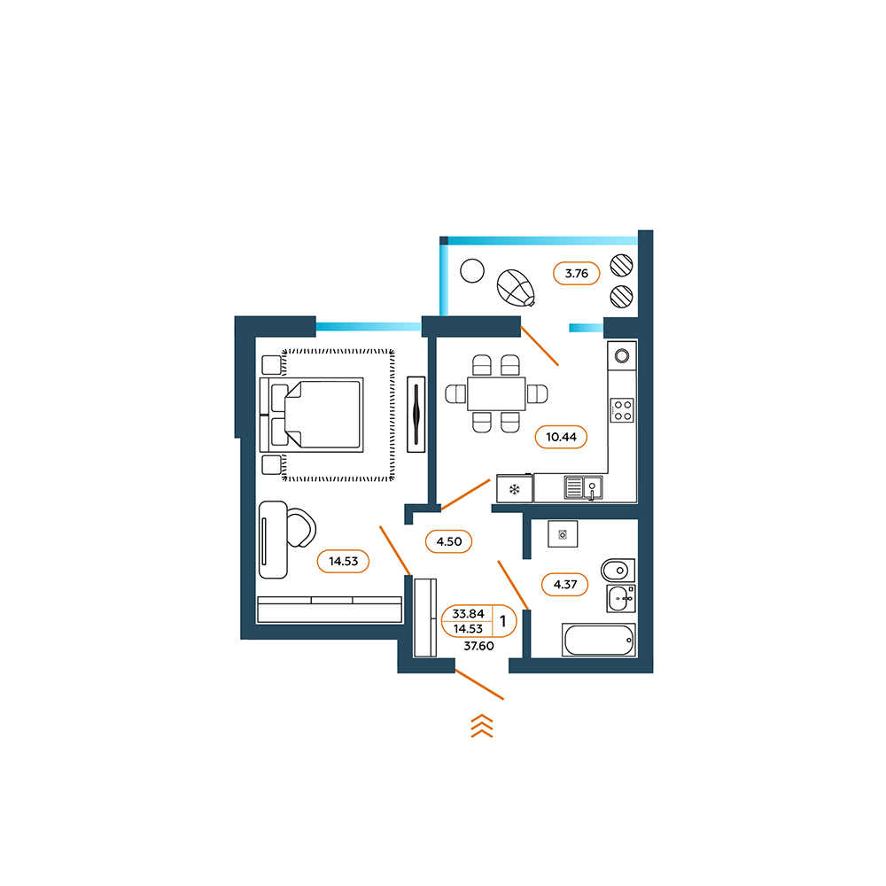 Планировка: 1-комн. квартира 38,2 м²