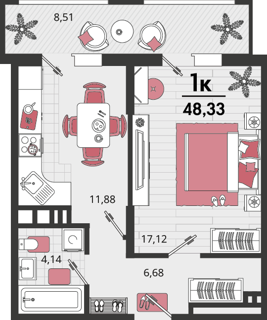 Планировка 1-комнатная 48,33 м²