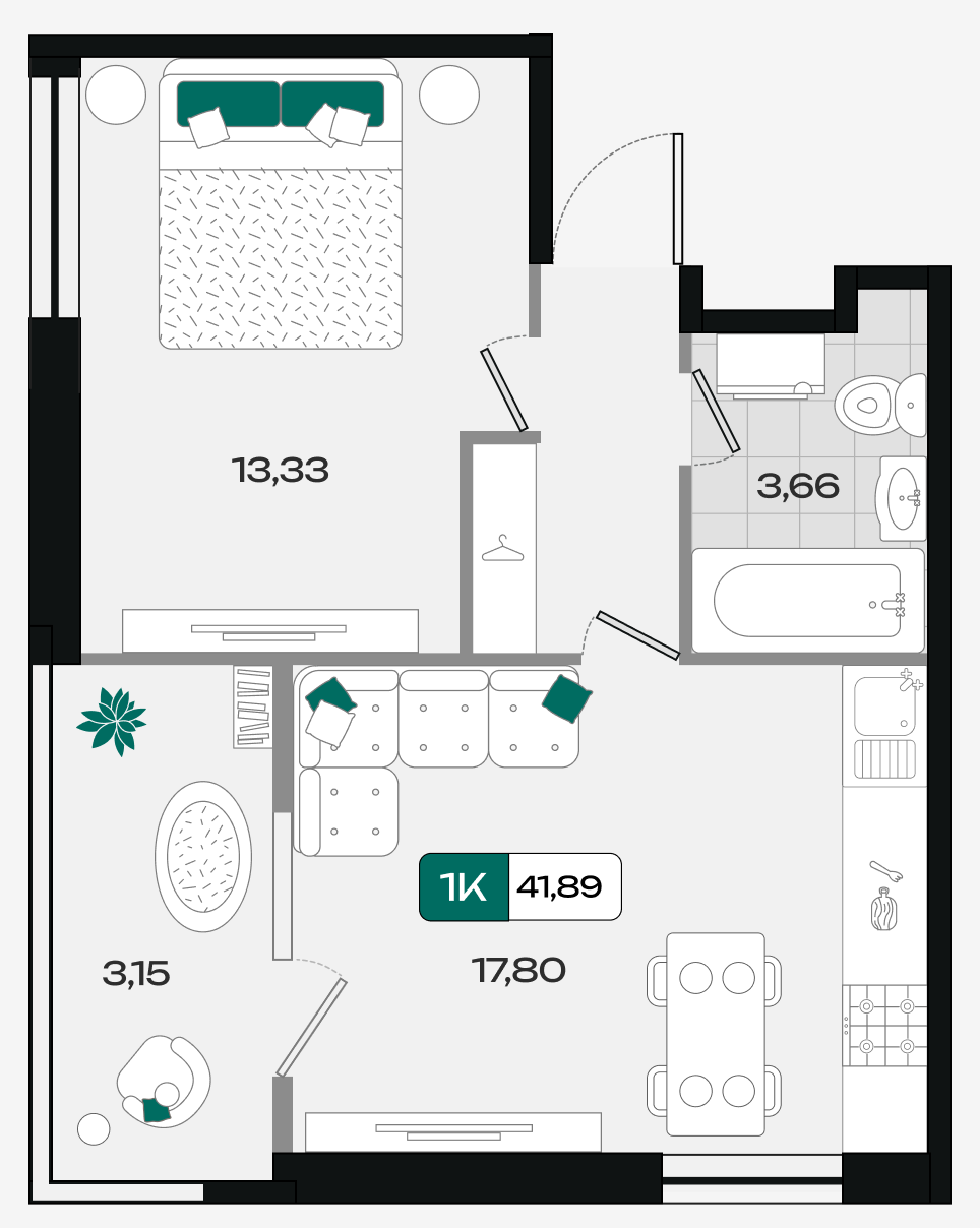 Планировка: 1-комн. квартира 41,9 м²