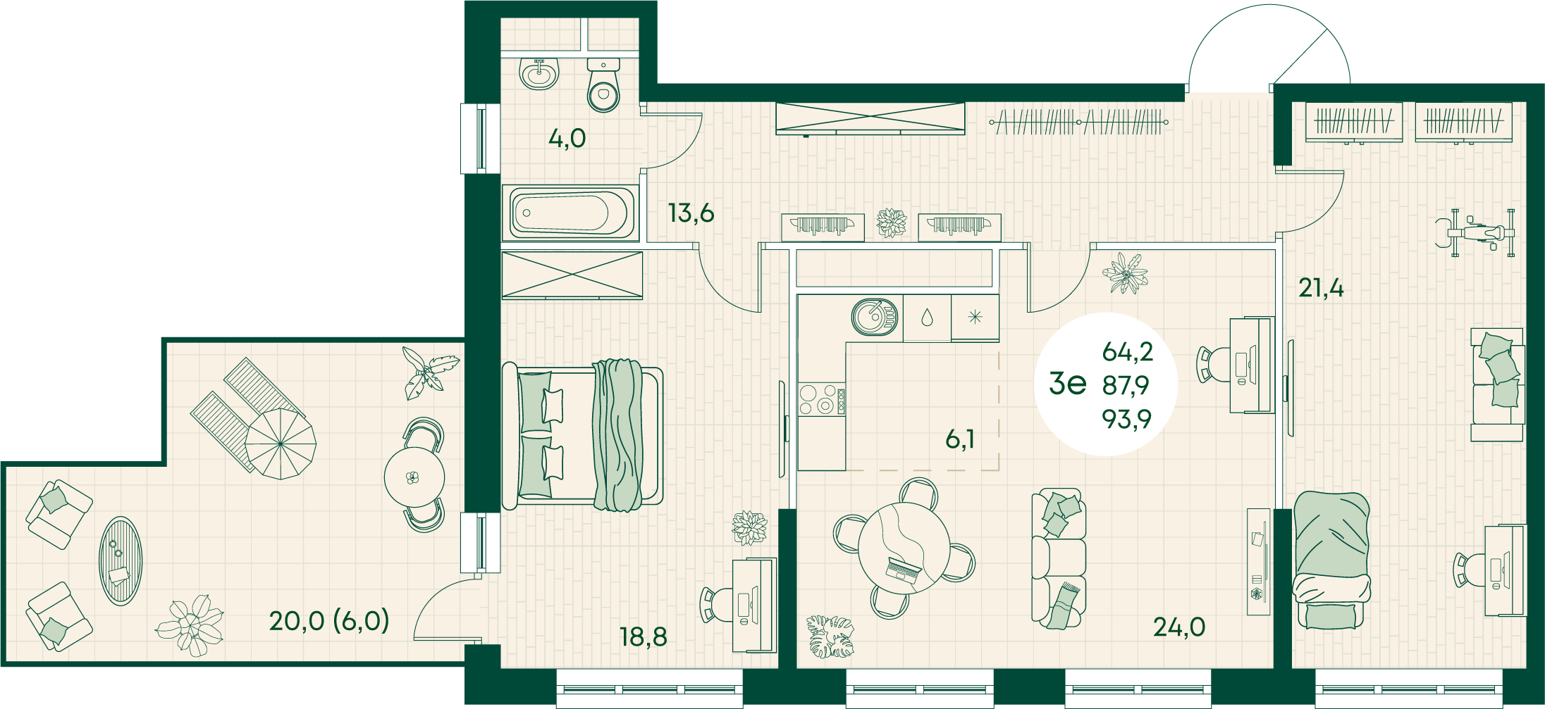 Планировка 3-комнатная 93,9 м²