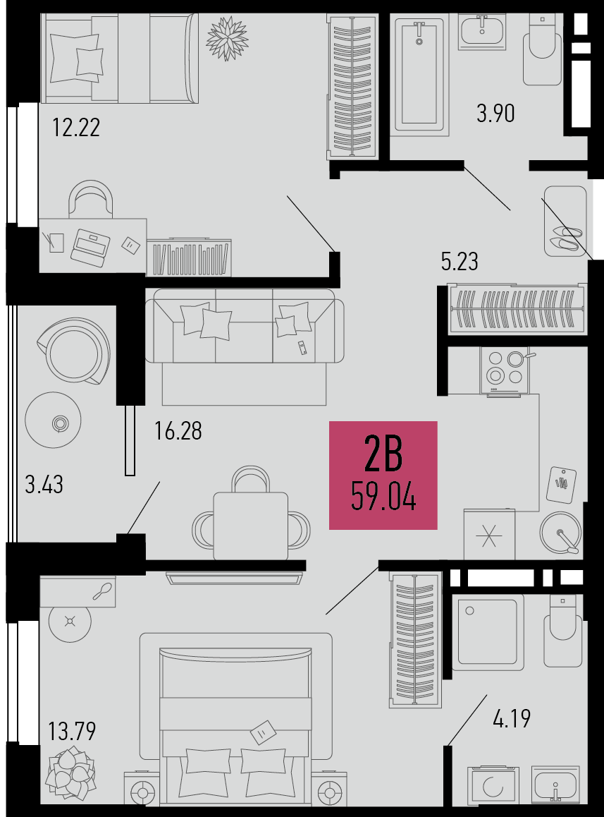 Планировка 2-комнатная 59,04 м²