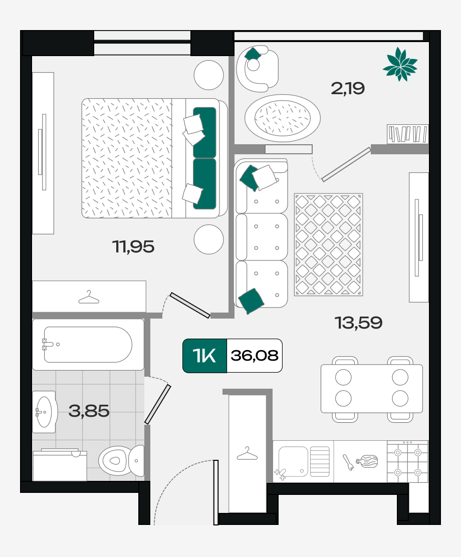 Планировка: 1-комн. квартира 36,1 м²