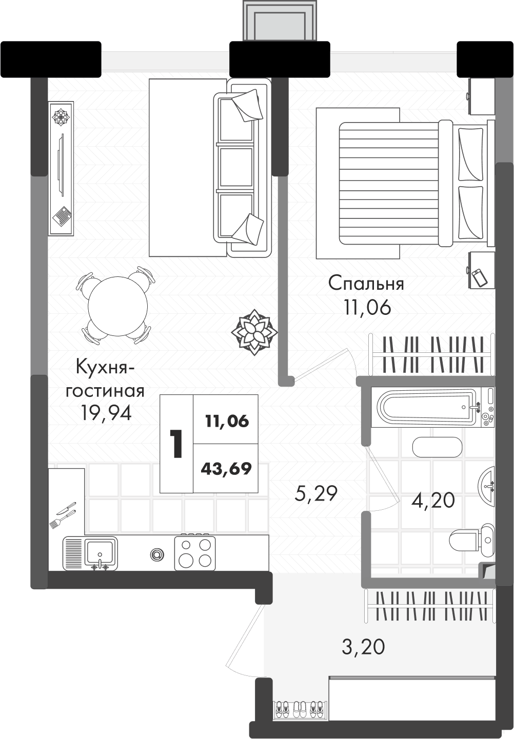 Планировка: 1-комн. квартира 43,7 м²