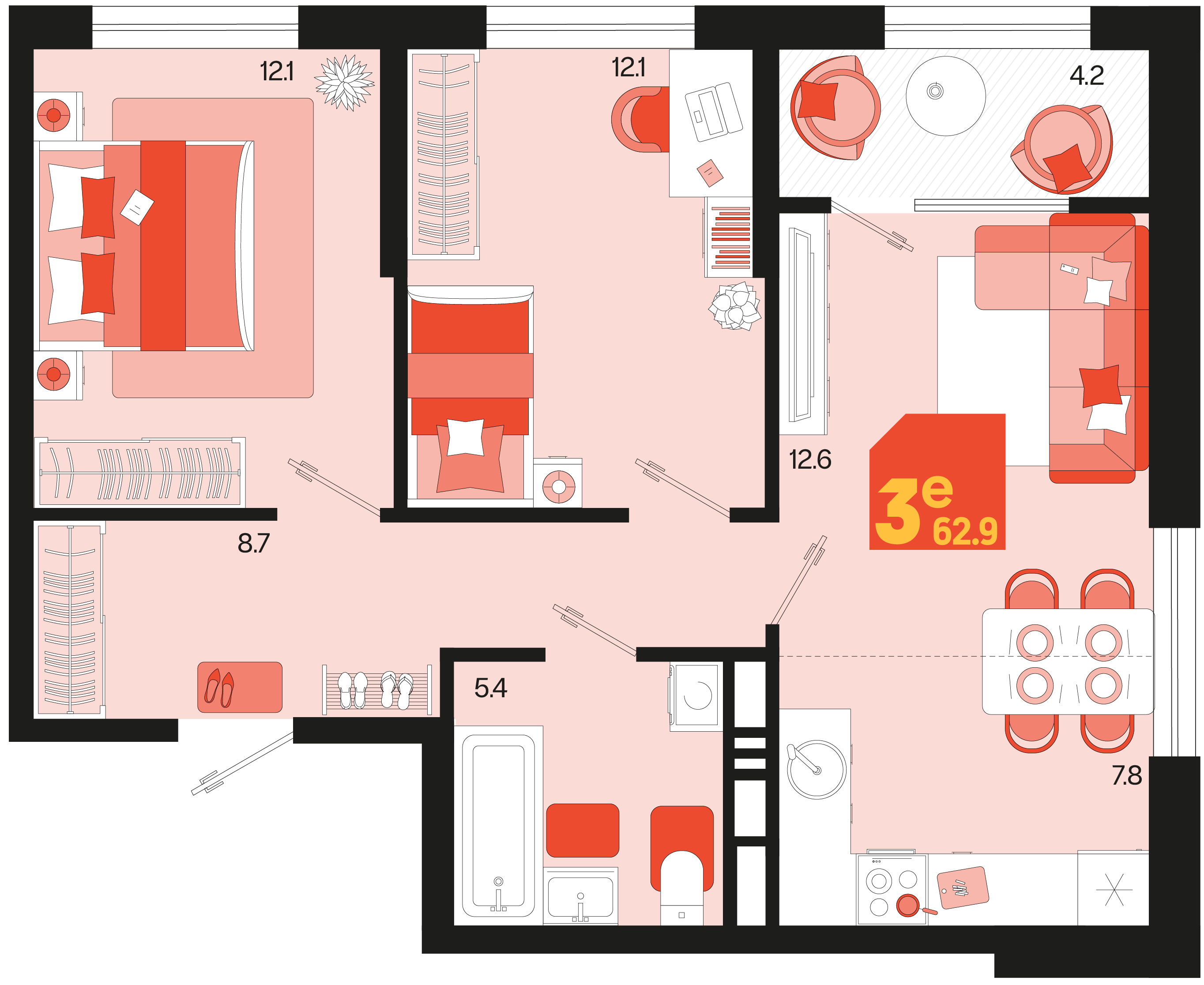 Планировка 3-комнатная 62,9 м²