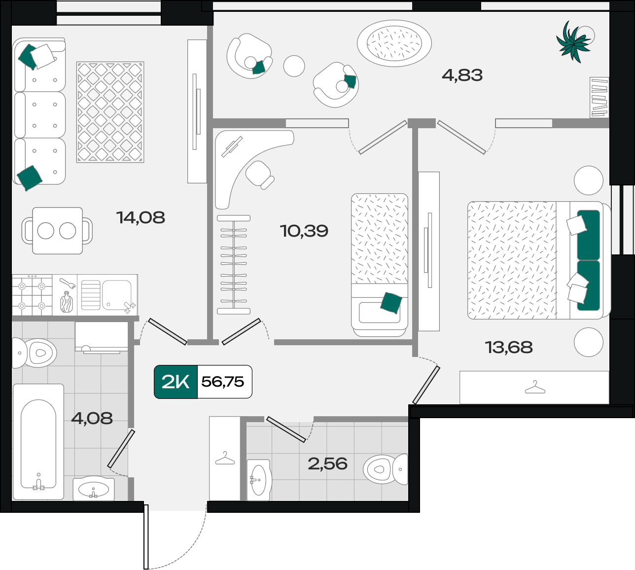 Планировка: 2-комн. квартира 56,8 м²
