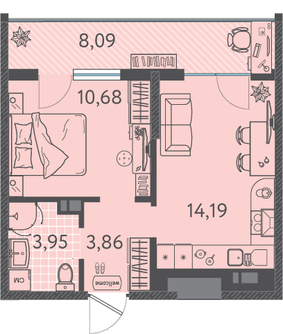 Планировка: 1-комн. квартира 36 м²