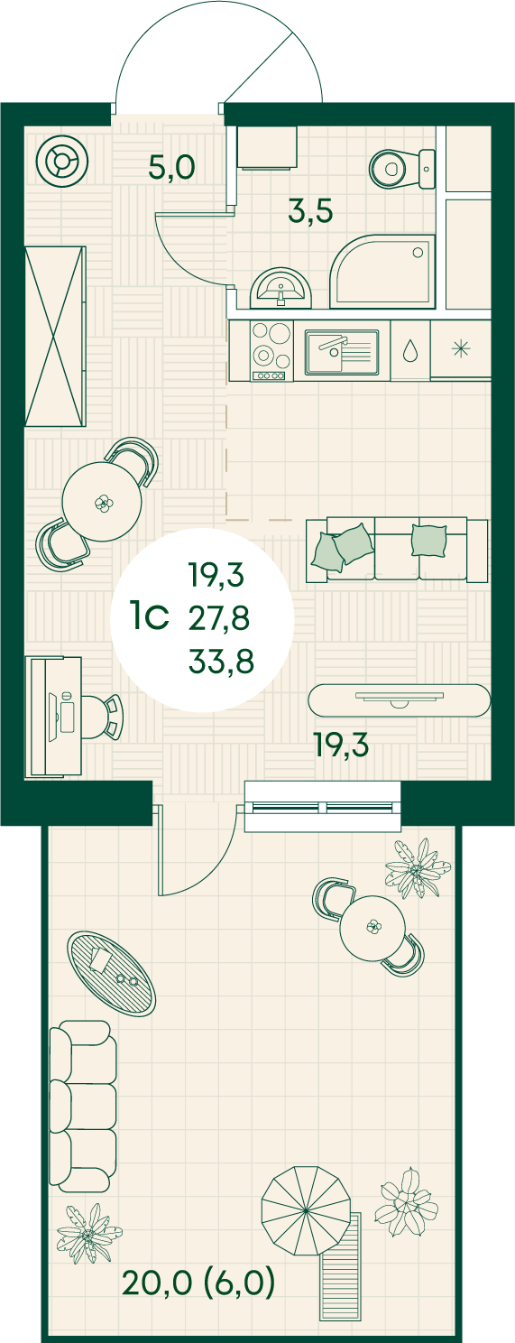 Планировка Студия 33,8 м²