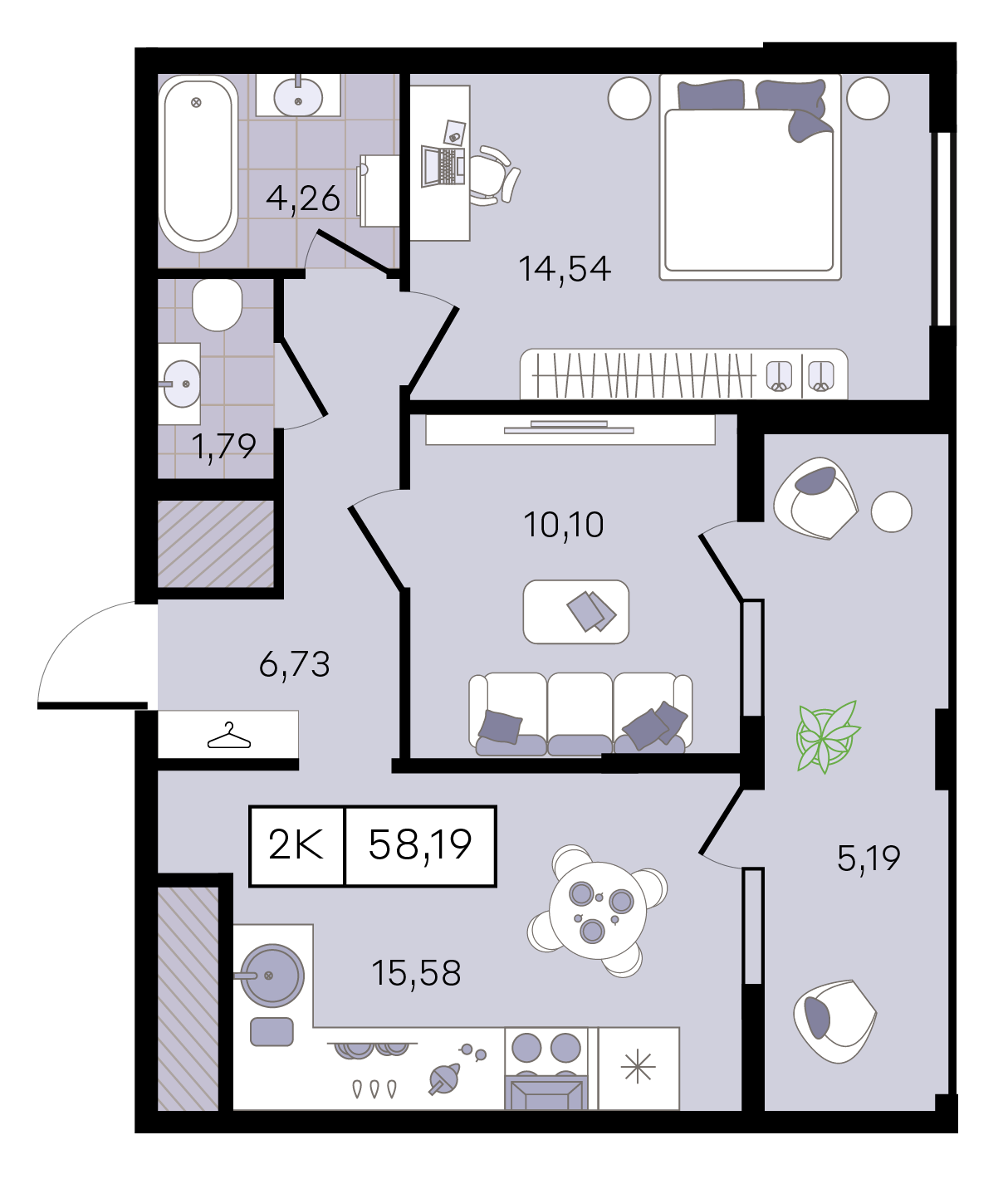 Планировка 2-комнатная 58,19 м²