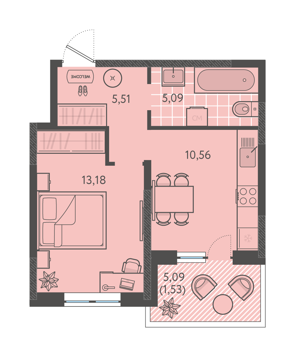 Планировка: 1-комн. квартира 35,9 м²